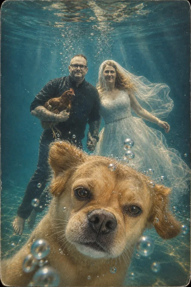 Inszeniertes Gruppenmotiv unter Wasser mit zwei Menschen, einem Hund im Vordergrund und einem Huhn