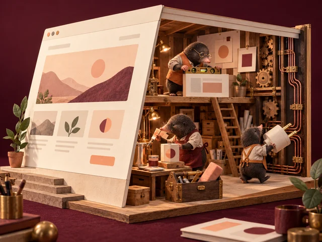 Drei kleine Maulwurf-Handwerker bauen Layout, Markengestaltung und Verbindungen hinter einer aufgeklappten Website