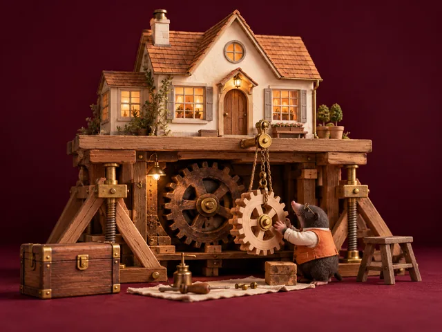 Ein Maulwurf tauscht das Zahnrad unter einem sicher abgestützten kleinen Holzhaus aus.