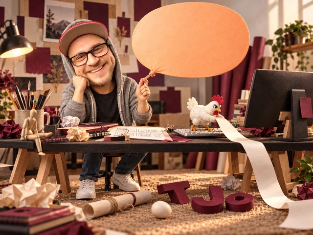 Illustrative Szene: Tobias als Figur mit großem Kopf, einer Sprechblase und einem Huhn an einem Werkstatttisch